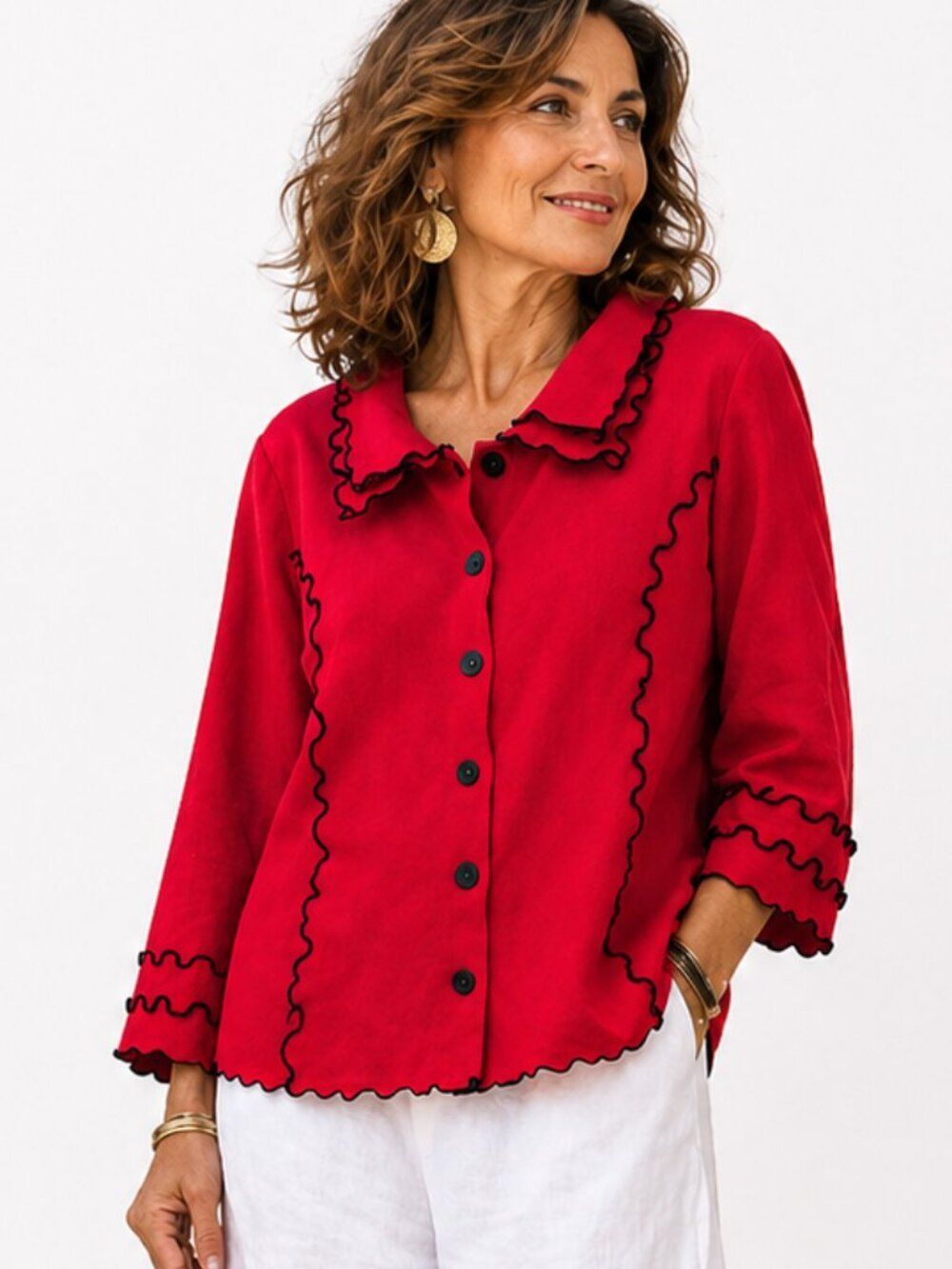 Chalet Womens SIze X-Large Red Frilly Artsy Cardigan Sweater French Rosettes